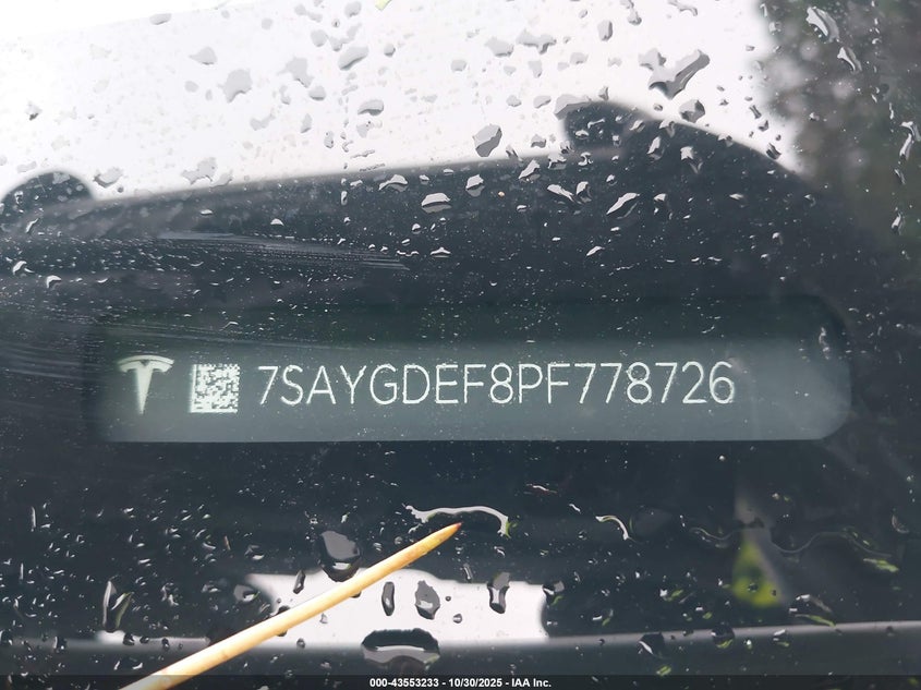 2023 Tesla Model Y Performance Dual Motor All-Wheel Drive VIN: 7SAYGDEF8PF778726 Lot: 43553233