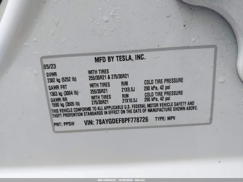 2023 Tesla Model Y Performance Dual Motor All-Wheel Drive VIN: 7SAYGDEF8PF778726 Lot: 43553233