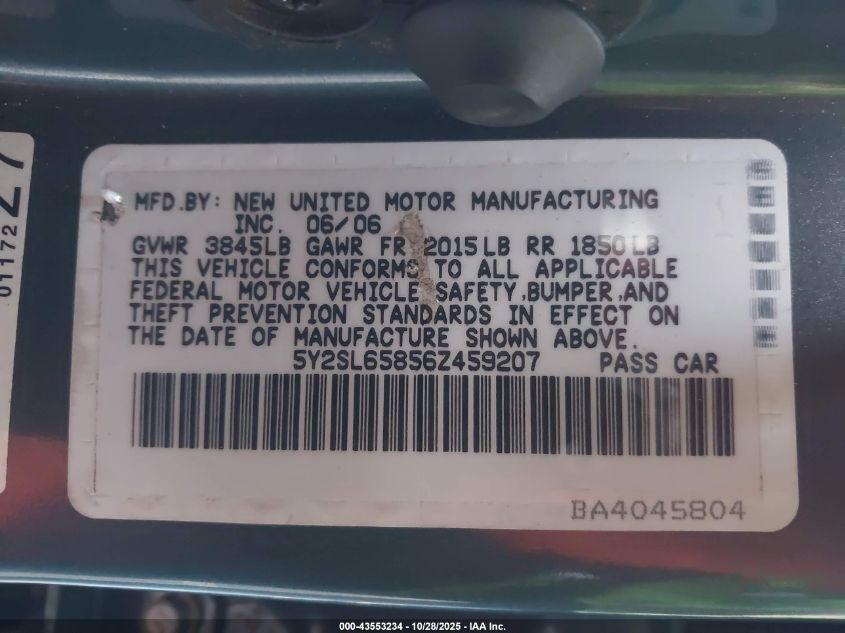 2006 Pontiac Vibe VIN: 5Y2SL65856Z459207 Lot: 43553234