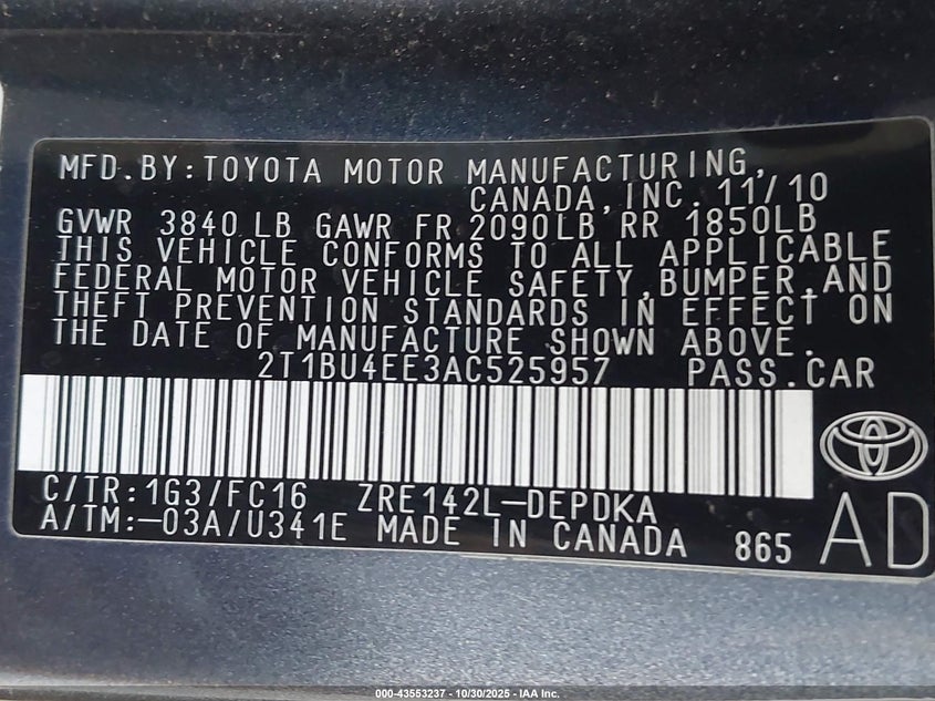 2T1BU4EE3AC525957 2010 TOYOTA COROLLA photo no. 9