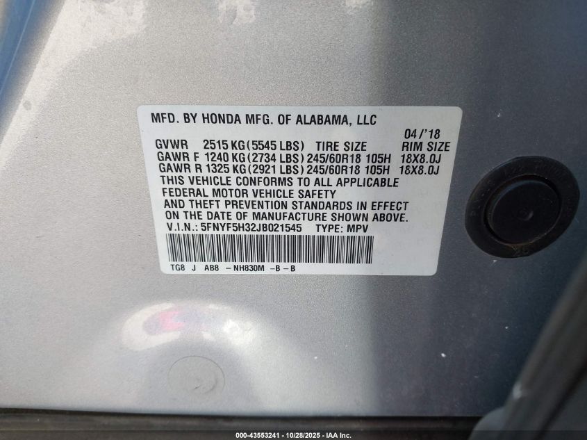 2018 Honda Pilot Ex VIN: 5FNYF5H32JB021545 Lot: 43553241