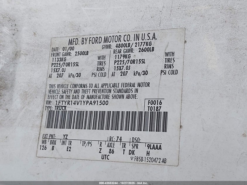 2000 Ford Ranger Xl/Xlt VIN: 1FTYR14V1YPA91500 Lot: 43553244