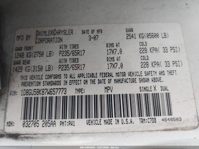 2007 Dodge Nitro Slt/Rt VIN: 1D8GU58K87W657773 Lot: 43553245