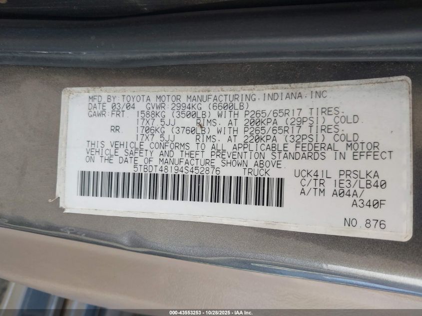 2004 Toyota Tundra Limited V8 VIN: 5TBDT48194S452876 Lot: 43553253