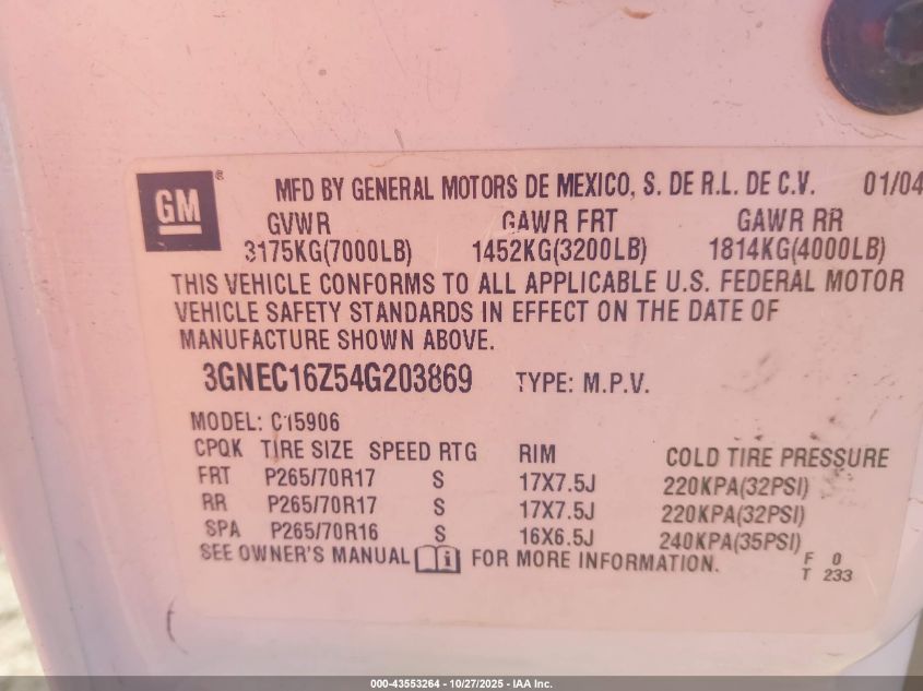 2004 Chevrolet Suburban 1500 Ls VIN: 3GNEC16Z54G203869 Lot: 43553264