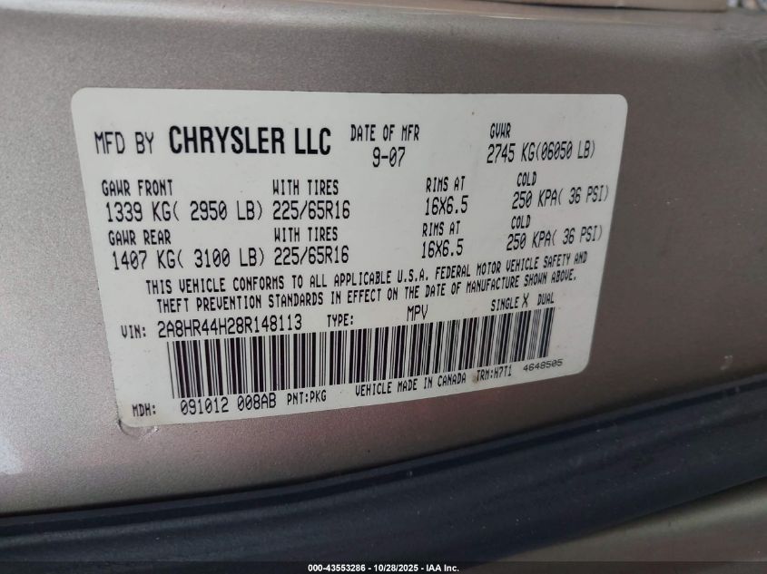 2008 Chrysler Town & Country Lx VIN: 2A8HR44H28R148113 Lot: 43553286