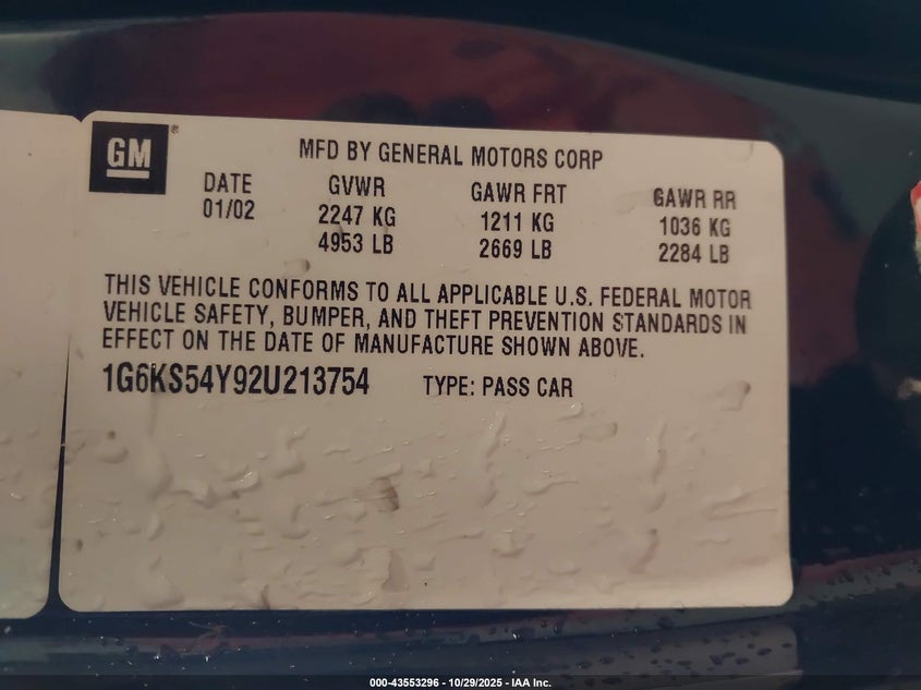 2002 Cadillac Seville Sls VIN: 1G6KS54Y92U213754 Lot: 43553296