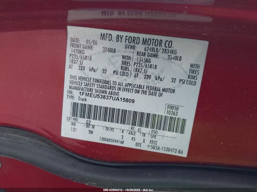 2007 Ford Explorer Sport Trac Limited VIN: 1FMEU53837UA15809 Lot: 43554312