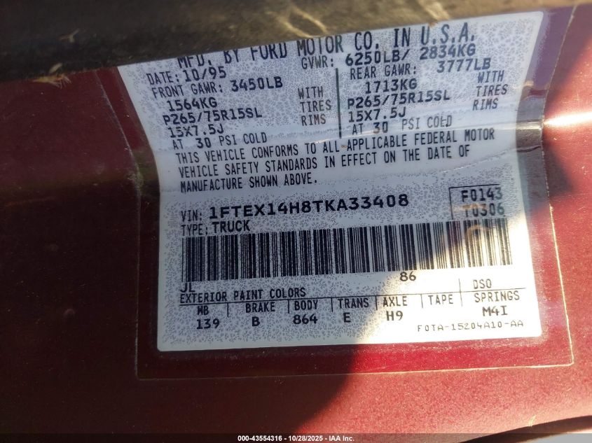 1996 Ford F150 VIN: 1FTEX14H8TKA33408 Lot: 43554316