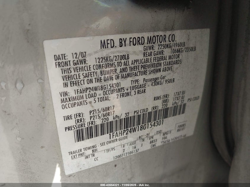 2008 Ford Taurus Sel VIN: 1FAHP24W18G154301 Lot: 43554321