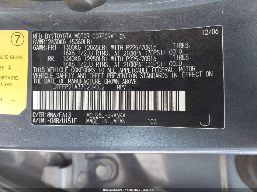 2007 Toyota Highlander V6 VIN: JTEEP21A370209002 Lot: 43554326
