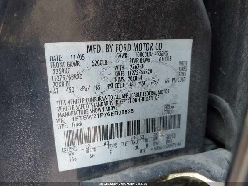 2006 Ford F-250 Lariat/Xl/Xlt VIN: 1FTSW21P76EB98828 Lot: 43554328