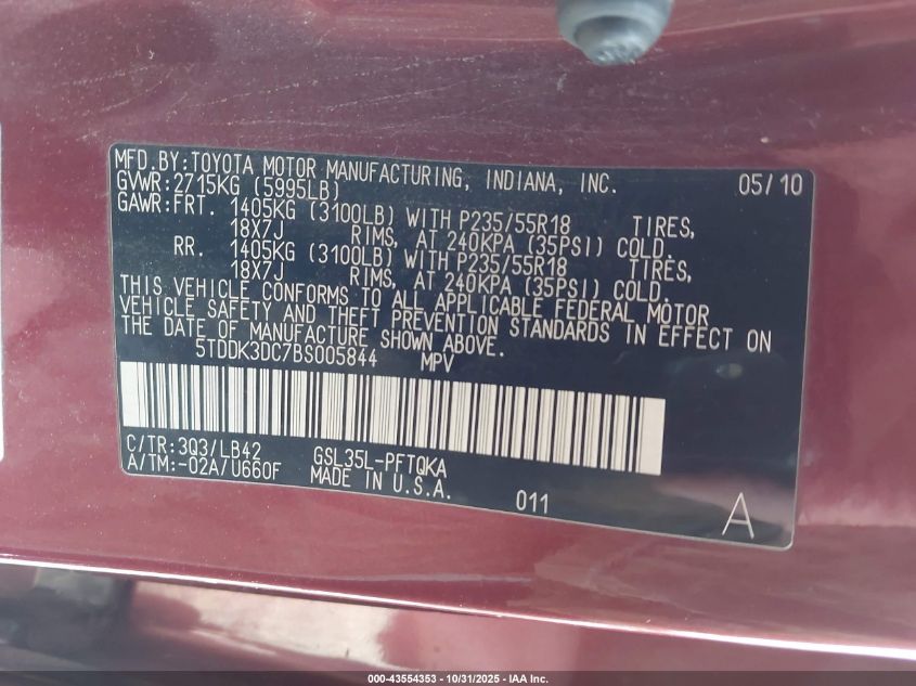 2011 Toyota Sienna Xle VIN: 5TDDK3DC7BS005844 Lot: 43554353