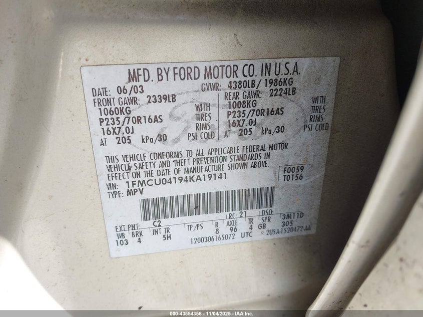 2004 Ford Escape Limited VIN: 1FMCU04194KA19141 Lot: 43554356