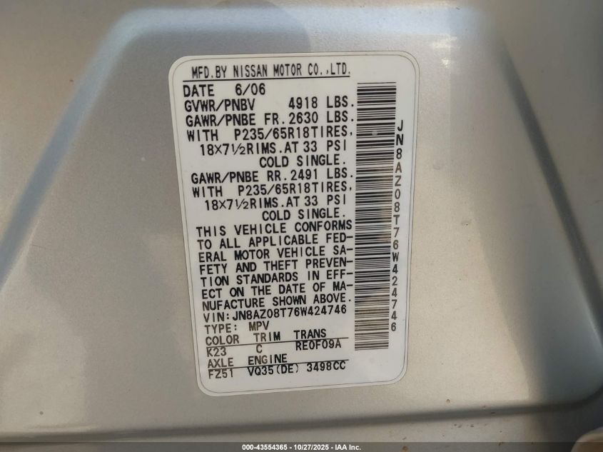 2006 Nissan Murano Sl VIN: JN8AZ08T76W424746 Lot: 43554365