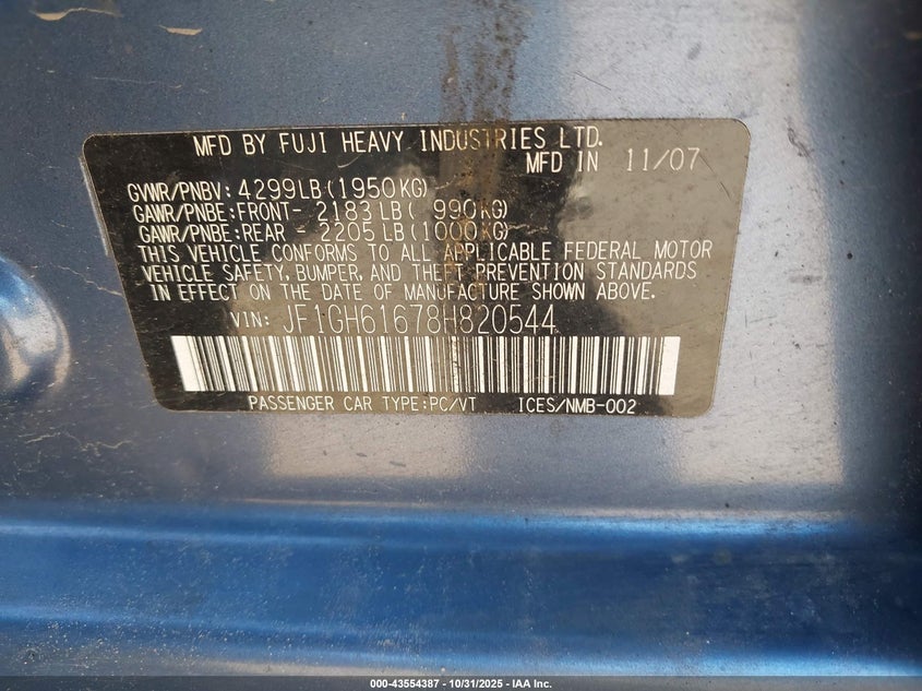 2008 Subaru Impreza 2.5I VIN: JF1GH61678H820544 Lot: 43554387