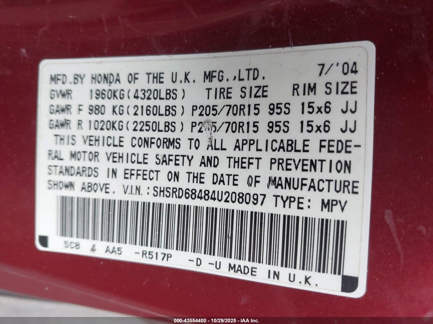 2004 Honda Cr-V Lx VIN: SHSRD68484U208097 Lot: 43554400