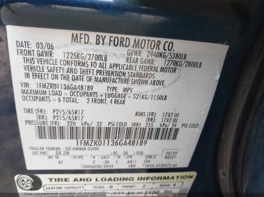 2006 Ford Freestyle Se VIN: 1FMZK01136GA48189 Lot: 43554408