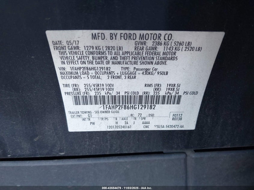 2017 Ford Taurus Limited VIN: 1FAHP2F86HG129182 Lot: 43554479