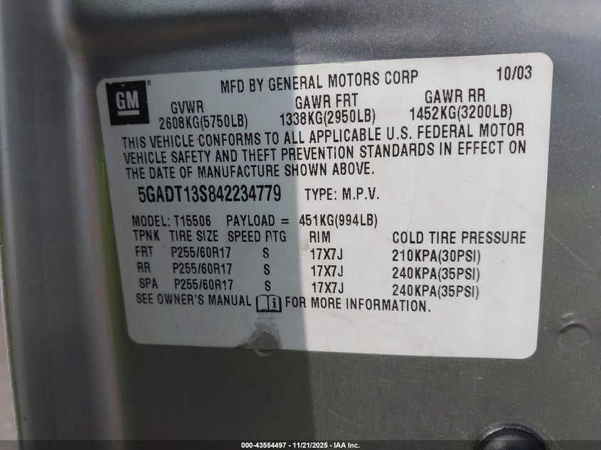 2004 Buick Rainier Cxl VIN: 5GADT13S842234779 Lot: 43554497