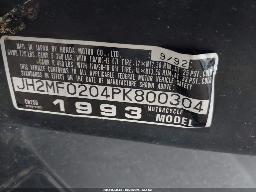 1993 Honda Cn250 VIN: JH2MF0204PK800304 Lot: 43554518