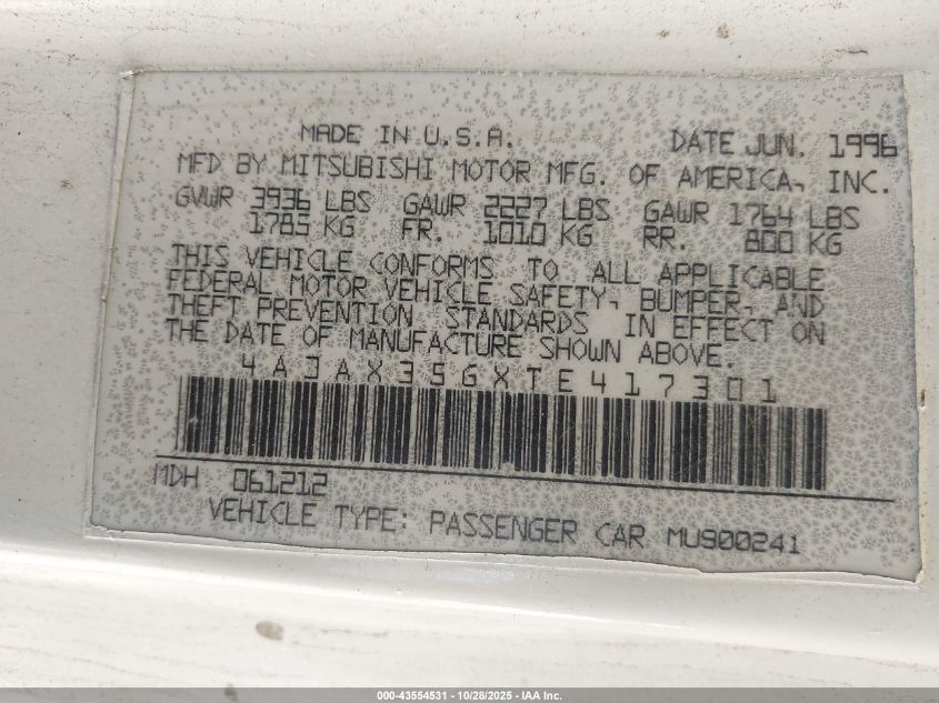 1996 Mitsubishi Eclipse Spyder Gs VIN: 4A3AX35GXTE417301 Lot: 43554531
