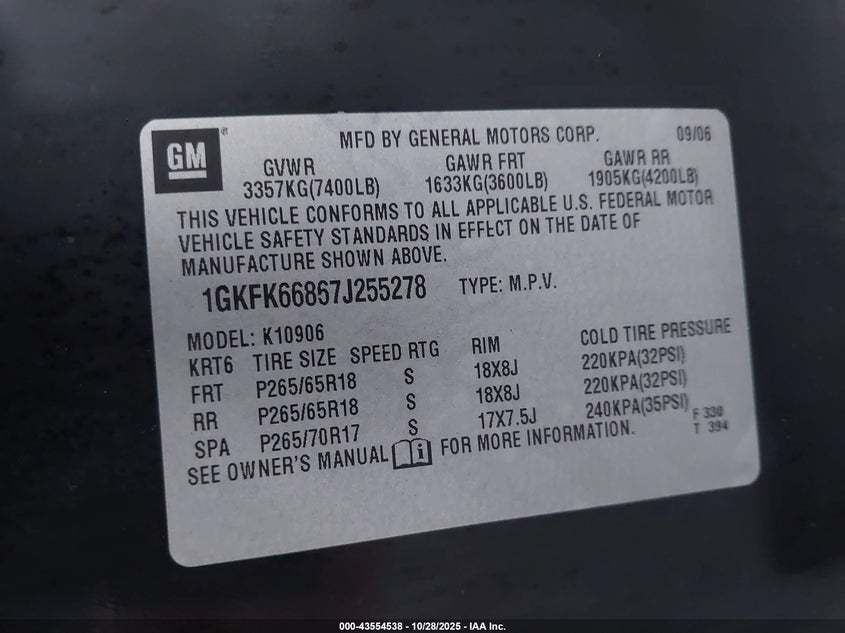 2007 GMC Yukon Xl 1500 Denali VIN: 1GKFK66867J255278 Lot: 43554538