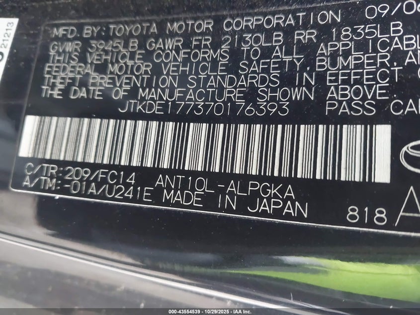 2007 Scion Tc VIN: JTKDE177370176393 Lot: 43554539