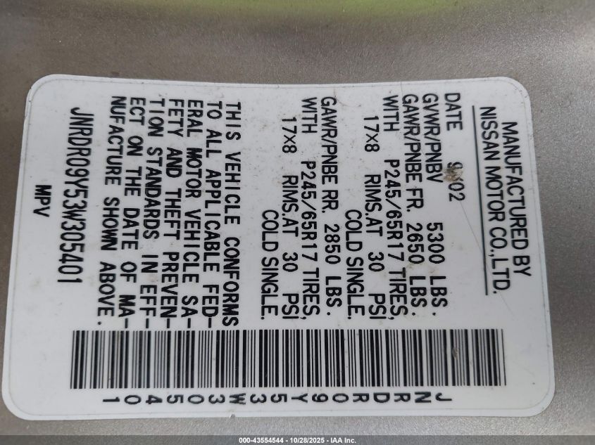 2003 Infiniti Qx4 Luxury VIN: JNRDR09Y53W305401 Lot: 43554544