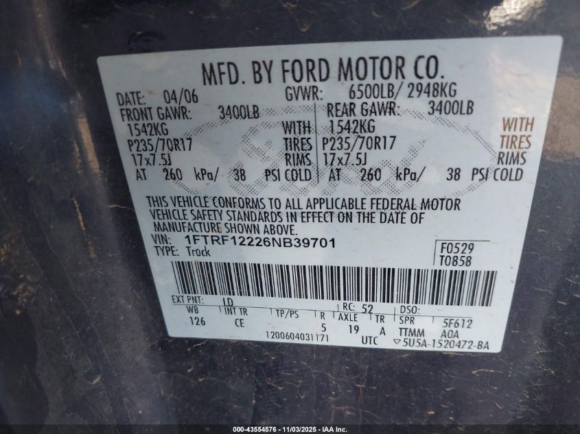 2006 Ford F-150 Stx/Xl/Xlt VIN: 1FTRF12226NB39701 Lot: 43554576