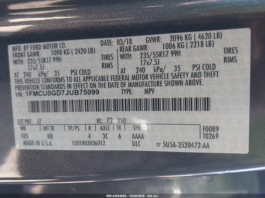 2018 FORD ESCAPE SE 1FMCU0GD7JUB75099