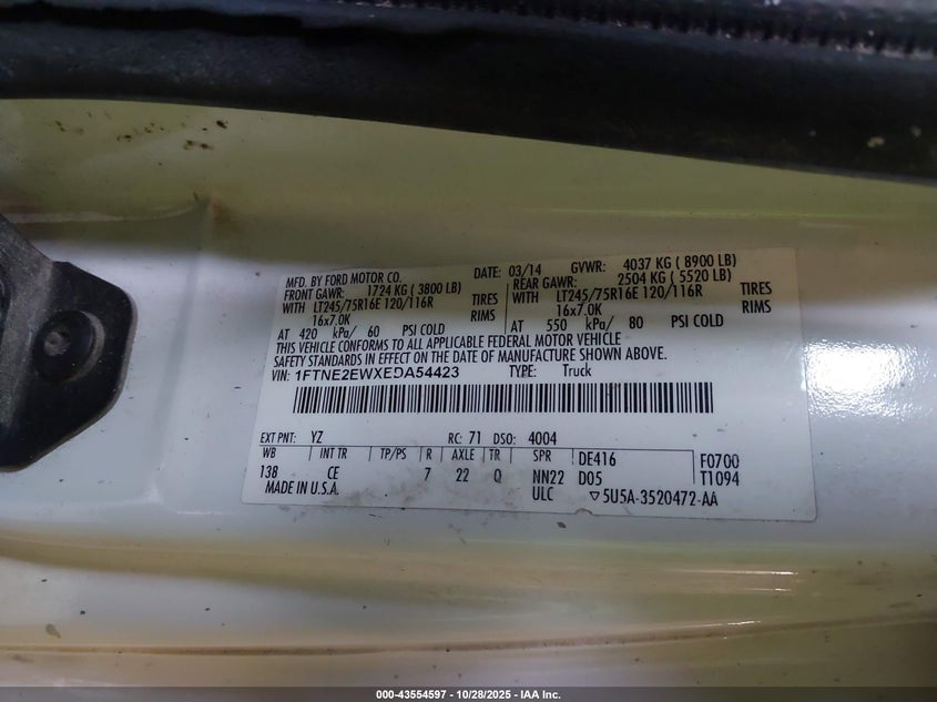 2014 Ford E-250 Commercial VIN: 1FTNE2EWXEDA54423 Lot: 43554597