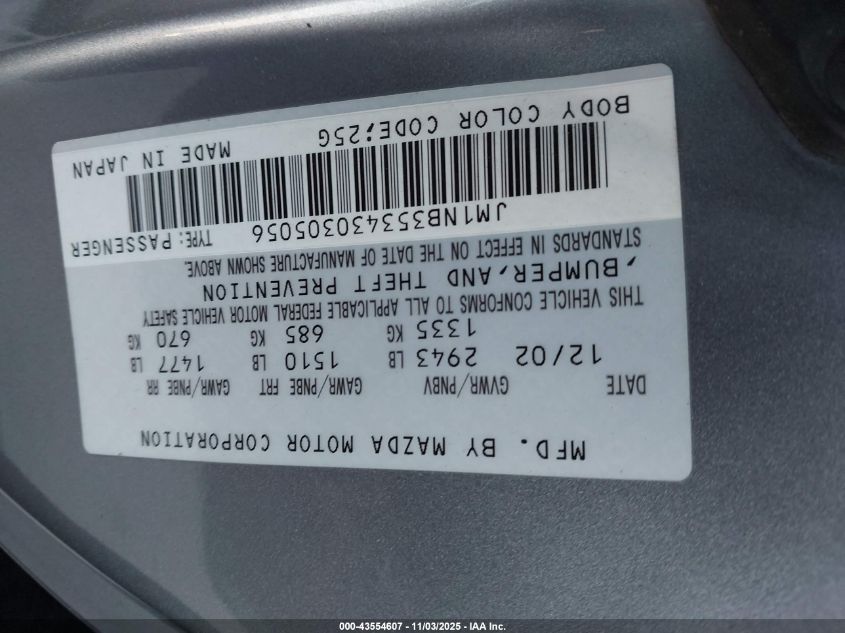 2003 Mazda Mx-5 Miata Cloth/Ls/Se/Shinsen VIN: JM1NB353430305056 Lot: 43554607