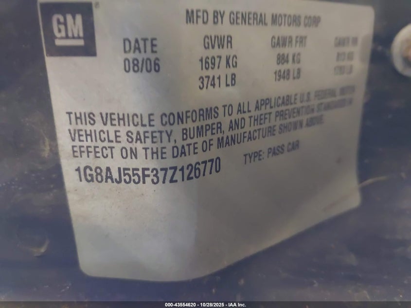 2007 Saturn Ion 2 VIN: 1G8AJ55F37Z126770 Lot: 43554620