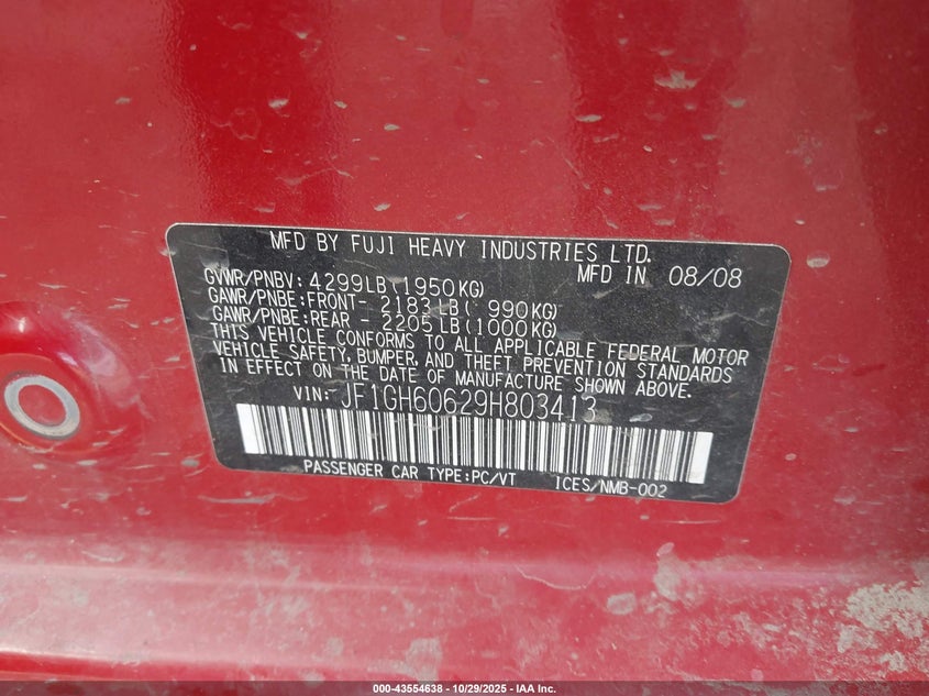 2009 Subaru Impreza 2.5I VIN: JF1GH60629H803413 Lot: 43554638