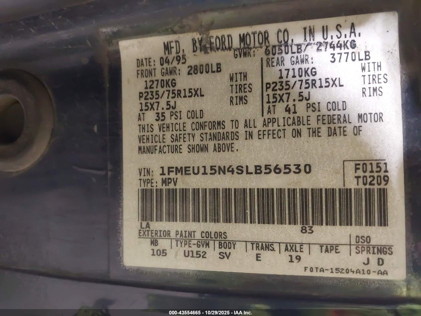 1995 Ford Bronco U100 VIN: 1FMEU15N4SLB56530 Lot: 43554665