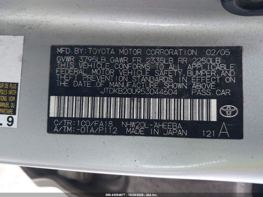 2005 Toyota Prius VIN: JTDKB20U953044604 Lot: 43554677