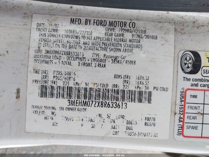 2008 Mercury Milan I4 VIN: 3MEHM07ZX8R633613 Lot: 43554686