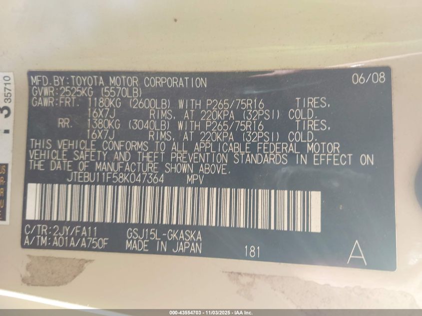 2008 Toyota Fj Cruiser VIN: JTEBU11F58K047364 Lot: 43554703