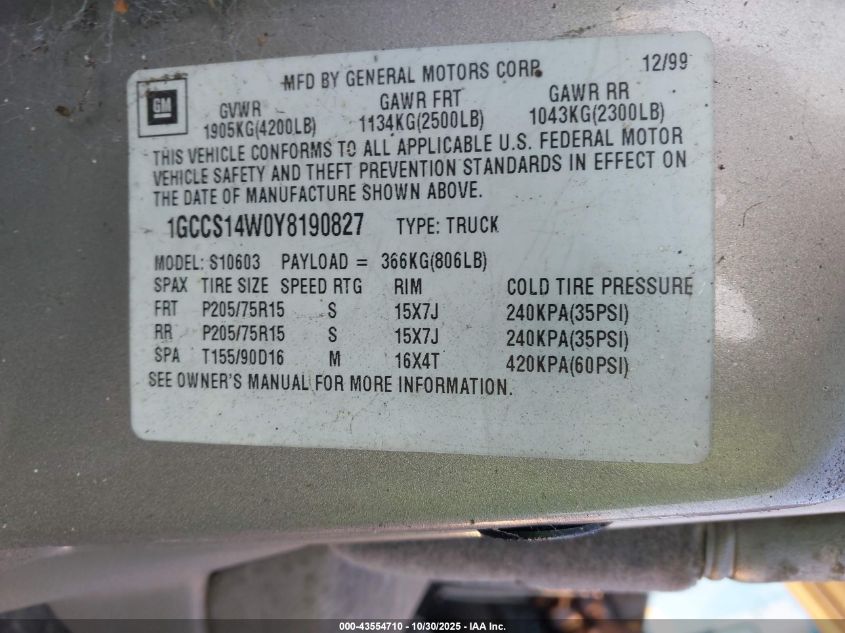 2000 Chevrolet S-10 Ls VIN: 1GCCS14W0Y8190827 Lot: 43554710