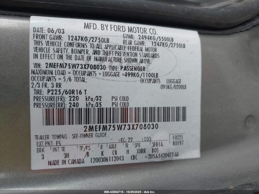 2003 Mercury Grand Marquis Ls VIN: 2MEFM75W73X708030 Lot: 43554715