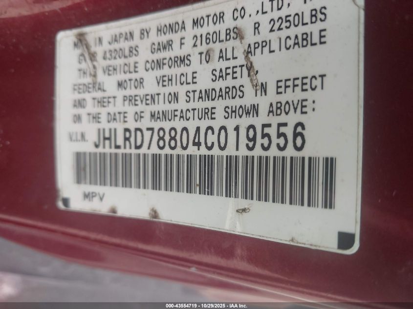 2004 Honda Cr-V Ex VIN: JHLRD78804C019556 Lot: 43554719