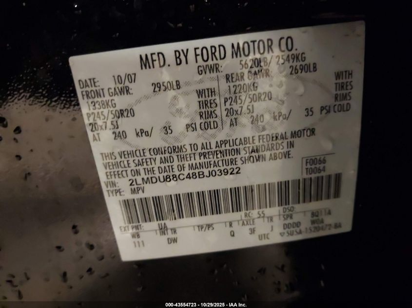 2008 Lincoln Mkx VIN: 2LMDU88T48BJ03922 Lot: 43554723