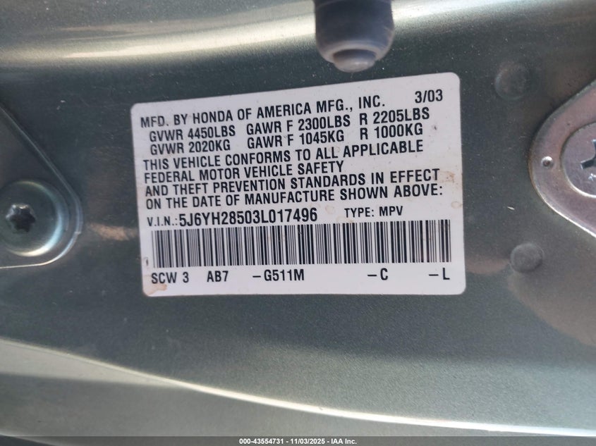 2003 Honda Element Ex VIN: 5J6YH28503L017496 Lot: 43554731