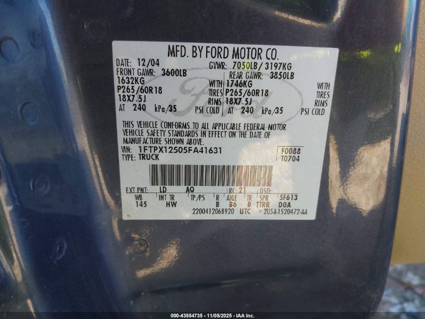 2005 Ford F-150 Lariat/Xl/Xlt VIN: 1FTPX12505FA41631 Lot: 43554735