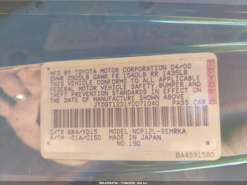 2000 Toyota Echo VIN: JTDBT1231Y0071040 Lot: 43554794