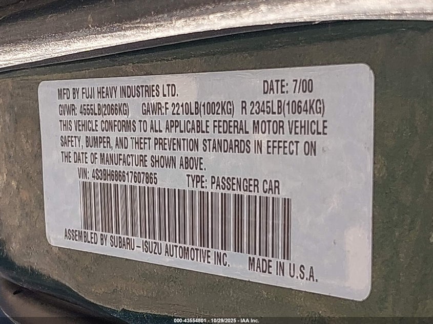 2001 Subaru Outback Limited VIN: 4S3BH686617607865 Lot: 43554801