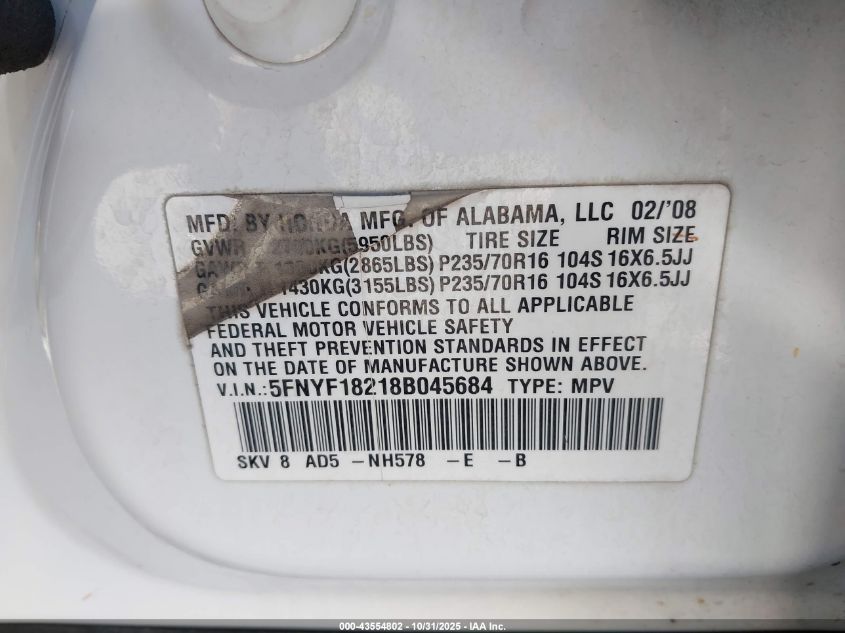 2008 Honda Pilot Vp VIN: 5FNYF18218B045684 Lot: 43554802