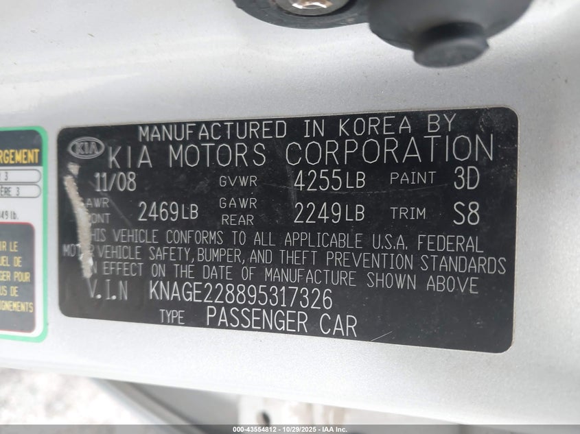 2009 Kia Optima Lx VIN: KNAGE228895317326 Lot: 43554812