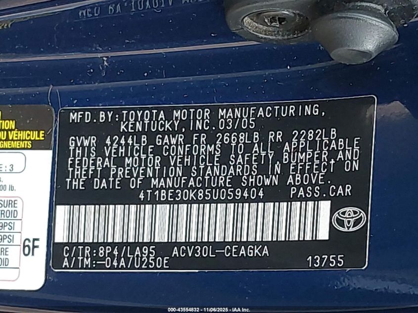 2005 Toyota Camry Xle VIN: 4T1BE30K85U059404 Lot: 43554832